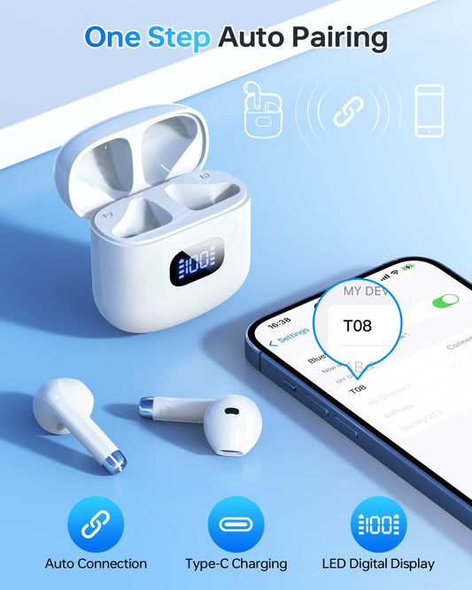 Wireless Earbuds Bluetooth 5.3 Headphones, 40Hrs Playback Stereo Ear Buds with LED Display Charging Case IPX7 Waterproof In-Ear Earphones with Mic for Phone Tablet Laptop Sports, White