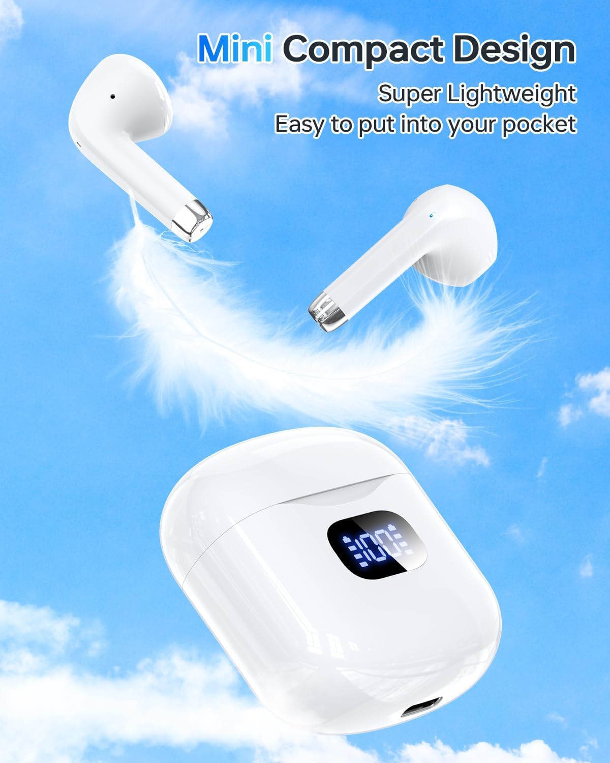 Wireless Earbuds Bluetooth 5.3 Headphones, 40Hrs Playback Stereo Ear Buds with LED Display Charging Case IPX7 Waterproof In-Ear Earphones with Mic for Phone Tablet Laptop Sports, White