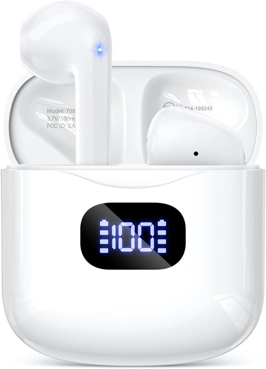 Wireless Earbuds Bluetooth 5.3 Headphones, 40Hrs Playback Stereo Ear Buds with LED Display Charging Case IPX7 Waterproof In-Ear Earphones with Mic for Phone Tablet Laptop Sports, White